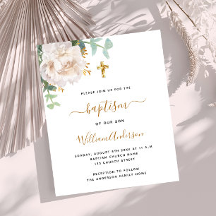 White floral gold cross baptism invitation