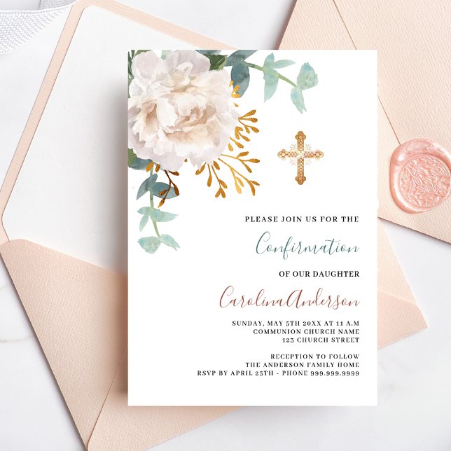 White floral gold cross luxury confirmation invitation (Creator Uploaded)