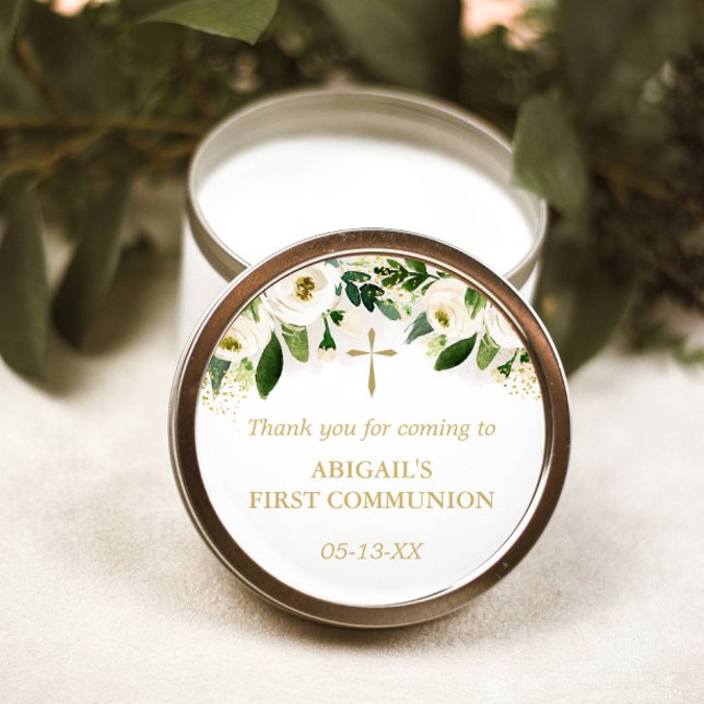 White Floral Gold Cross Religious Classic Round Sticker (Creator Uploaded)