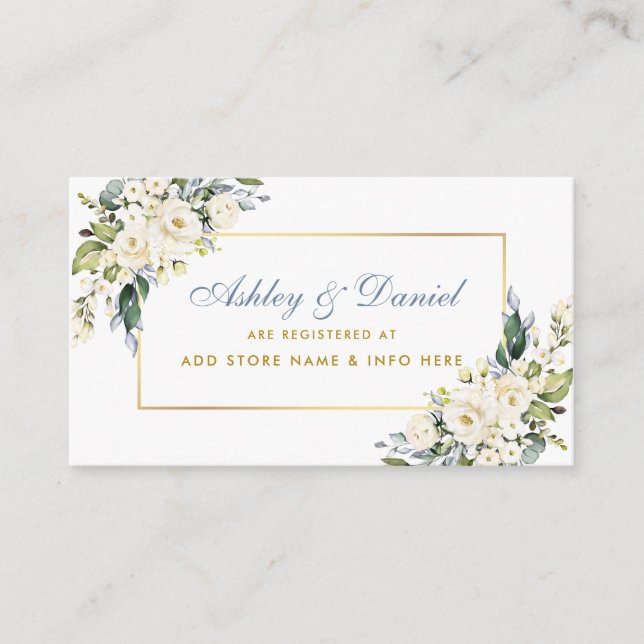 White Floral Gold Dusty Blue Wedding Registry Enclosure Card (Front)