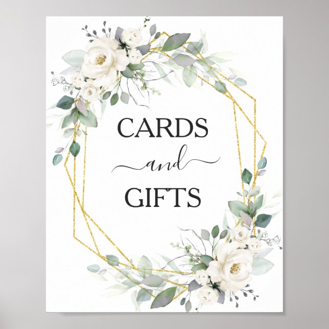 White floral gold frame wedding Cards & Gifts sign (Front)