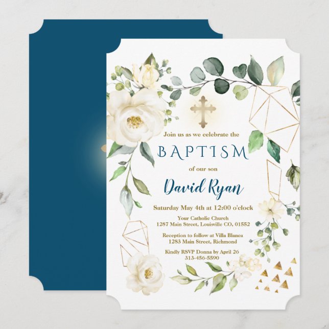 White Floral Gold Geometric Cross Boy Baptism Invitation (Front/Back)