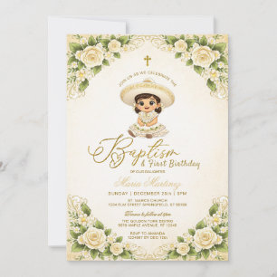 White Floral Gold Girl Charra Baptism 1st Birthday Invitation