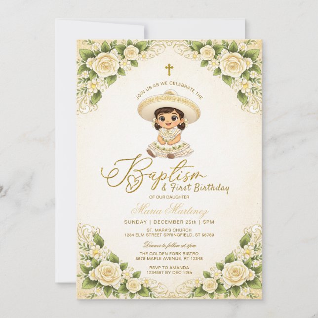White Floral Gold Girl Charra Baptism 1st Birthday Invitation (Front)