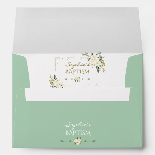 White Floral Gold Glitter Frame Girl Baptism Envelope (Back (Bottom))