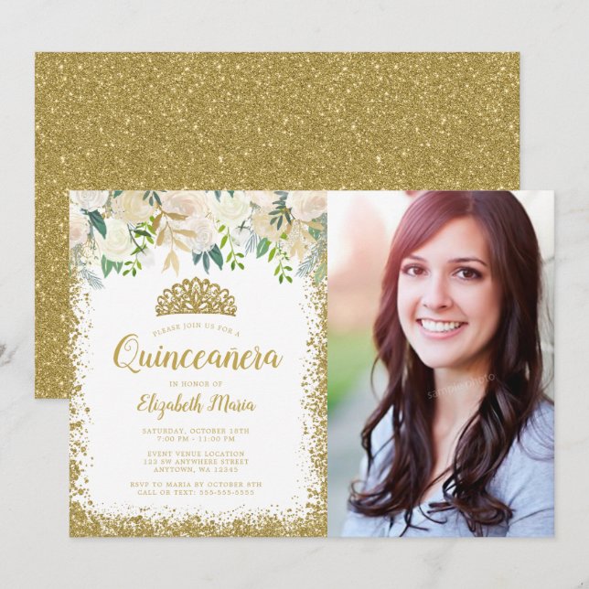 White Floral Gold Glitter Tiara Quinceanera Photo Invitation (Front/Back)