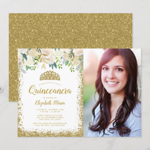 White Floral Gold Glitter Tiara Quinceanera Photo Invitation