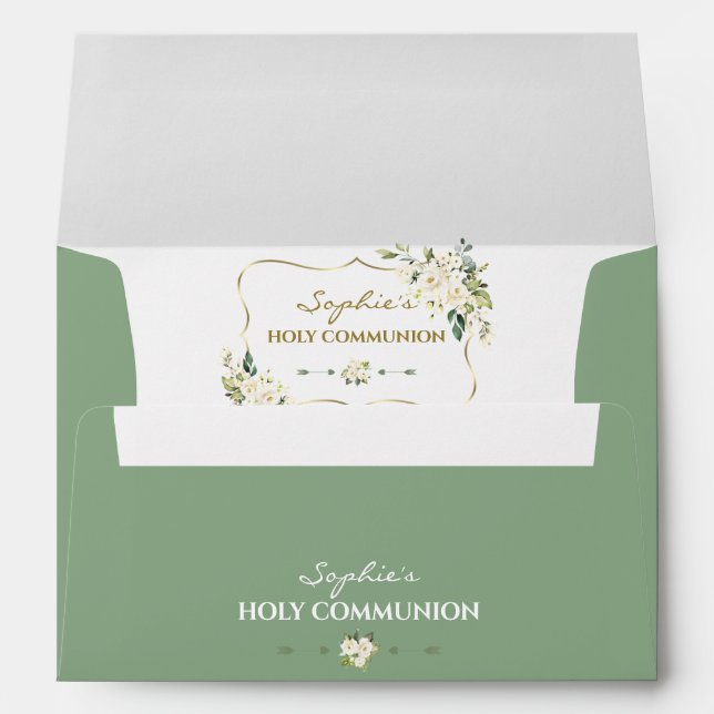 White Floral Gold Holy Communion Return Address Envelope (Back (Bottom))