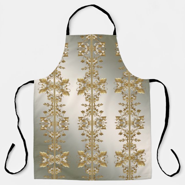 White Floral Gold Ornate Apron (Front)