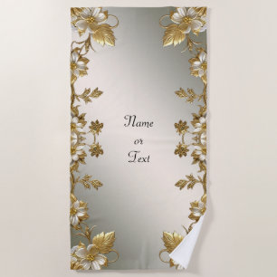 White Floral Gold Ornate Beach Towel