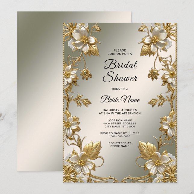 White Floral Gold Ornate Bridal Shower Invitation (Front/Back)