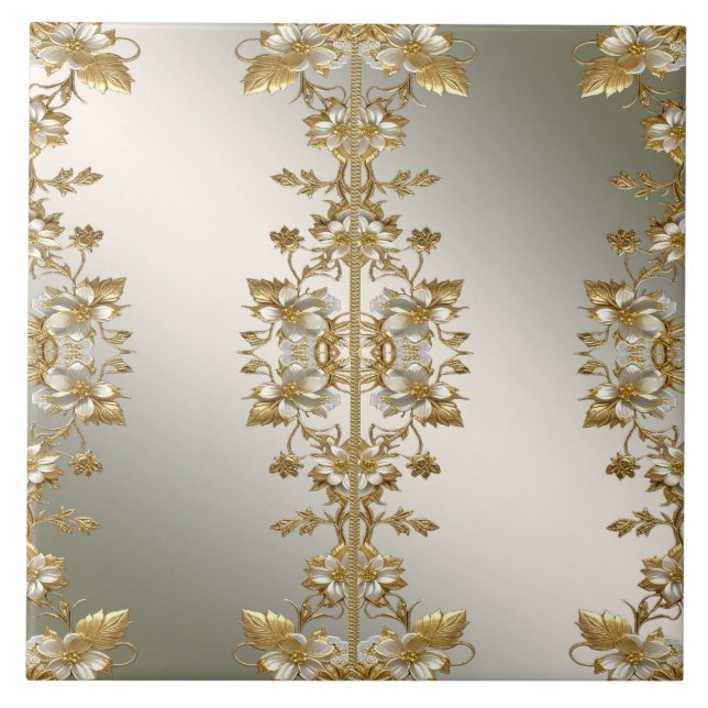 White Floral Gold Ornate Ceramic Tile (Front)