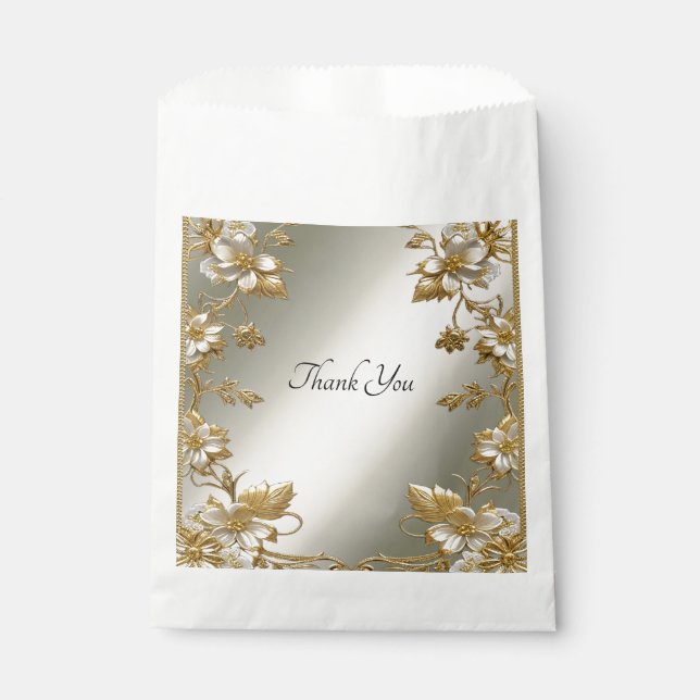 White Floral Gold Ornate Favour Bag (Front)