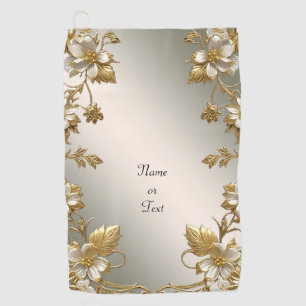 White Floral Gold Ornate Golf Towel