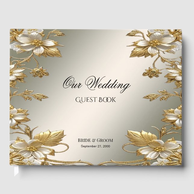 White Floral Gold Ornate Guest Book (Front)
