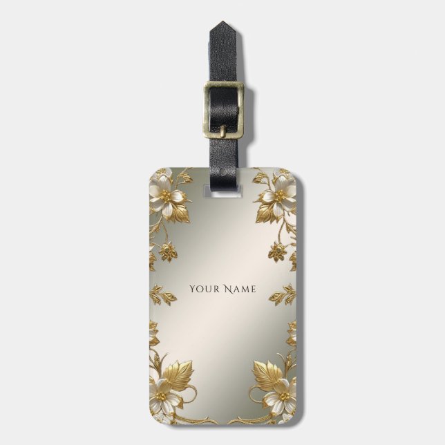 White Floral Gold Ornate Luggage Tag (Front Vertical)