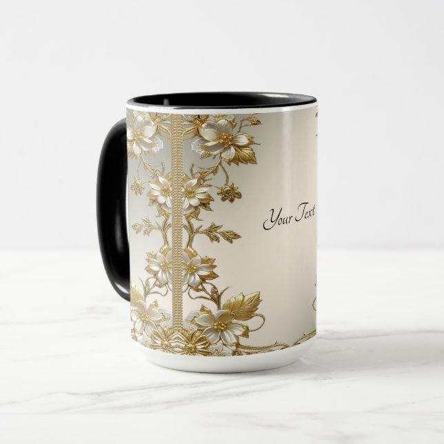 White Floral Gold Ornate Mug (Front Left)