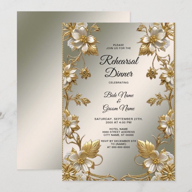 White Floral Gold Ornate Rehearsal Dinner Invitation (Front/Back)