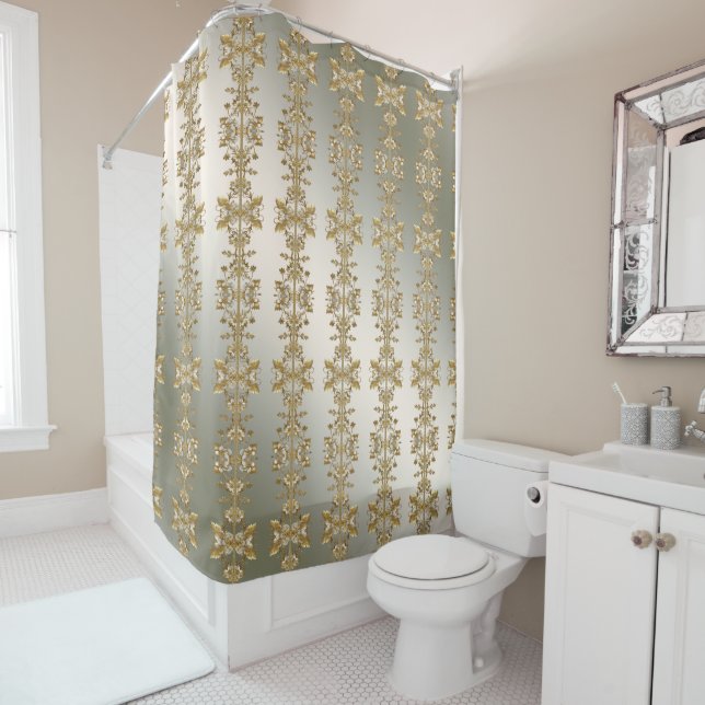 White Floral Gold Ornate Shower Curtain (In Situ)
