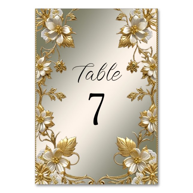 White Floral Gold Ornate Table Number (Front)