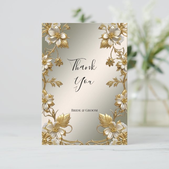 White Floral Gold Ornate Thank You Card (Standing Front)