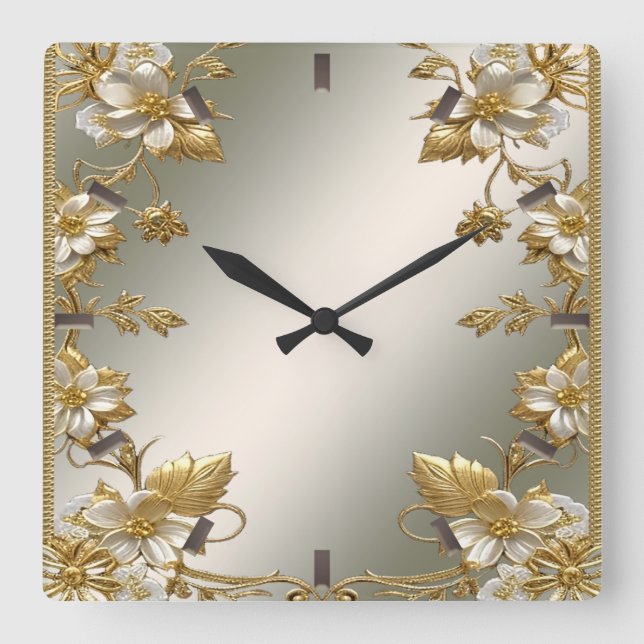 White Floral Gold Ornate Wall Clock (Front)