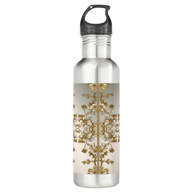 White Floral Gold Ornate Water Bottle (Front)