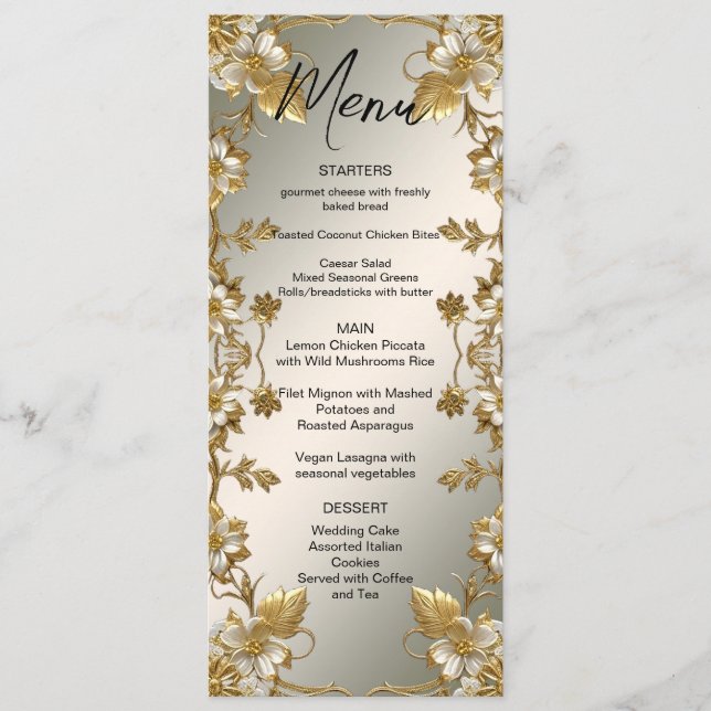 White Floral Gold Ornate Wedding Menu (Front)