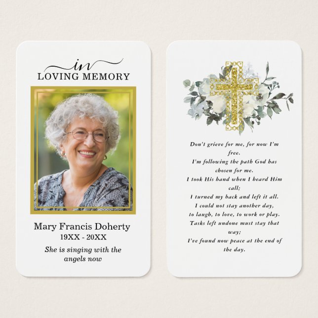 White Floral Gold Photo Funeral Prayer Card (Front & Back)
