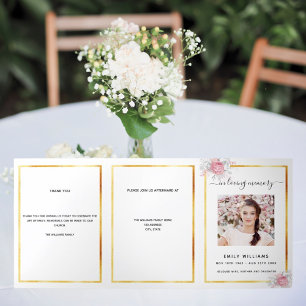 White floral gold photo tri-fold funeral program