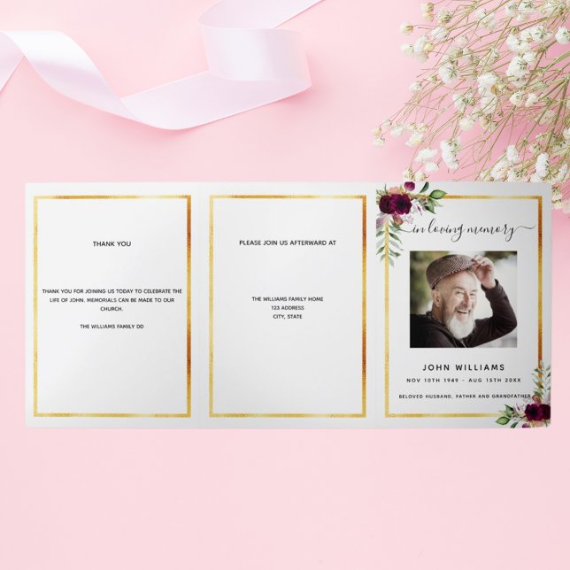 White floral gold photo tri-fold funeral program announcement (Creator Uploaded)