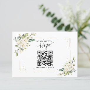 White Floral Gold QR Code Add your URL Wedding RSVP Card