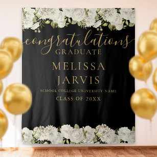 White Floral Gold Script Graduation Photo Backdrop Tapestry