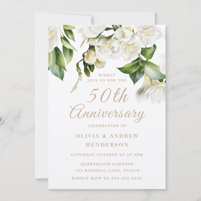 White Floral Gold Shimmer 50th Wedding Anniversary Invitation (Front)