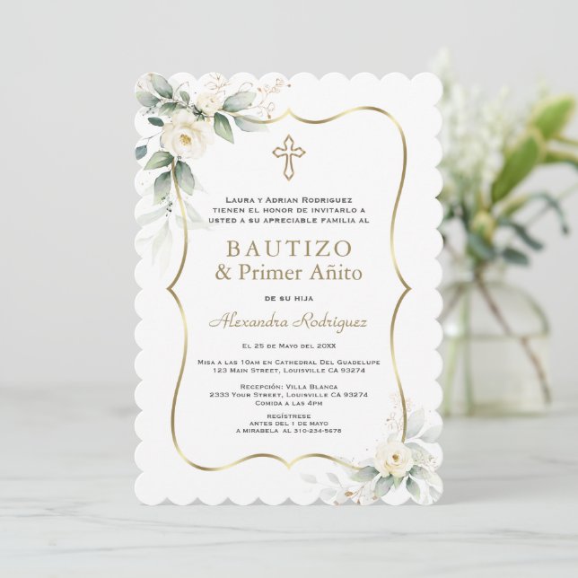 White Floral Gold Spanish 1st Birthday Baptism  Invitation (Standing Front)