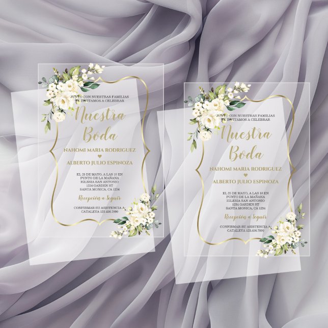 White Floral Gold Spanish Nuestra Boda Calligraphy Acrylic Invitations (Creator Uploaded)