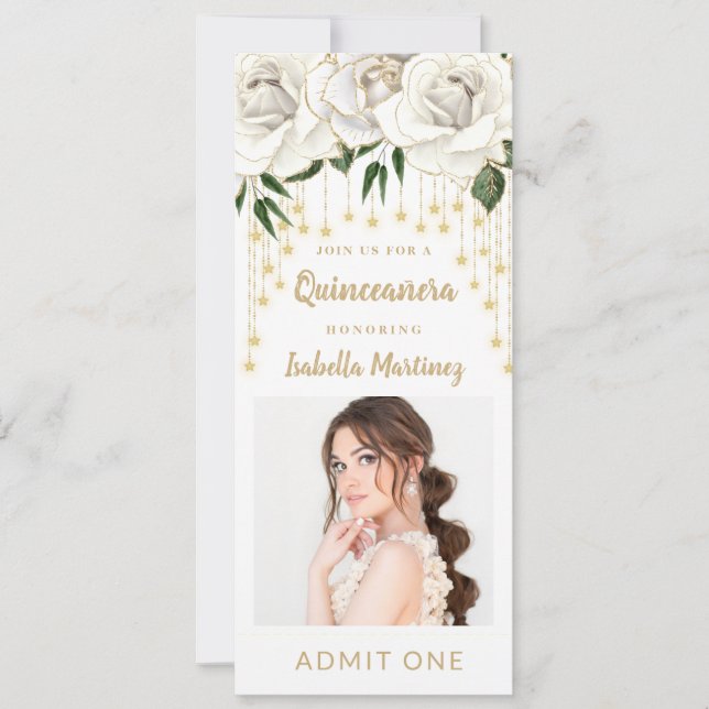 White Floral Gold String Light Quinceañera Ticket Invitation (Front)