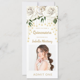 White Floral Gold String Light Quinceañera Ticket Invitation