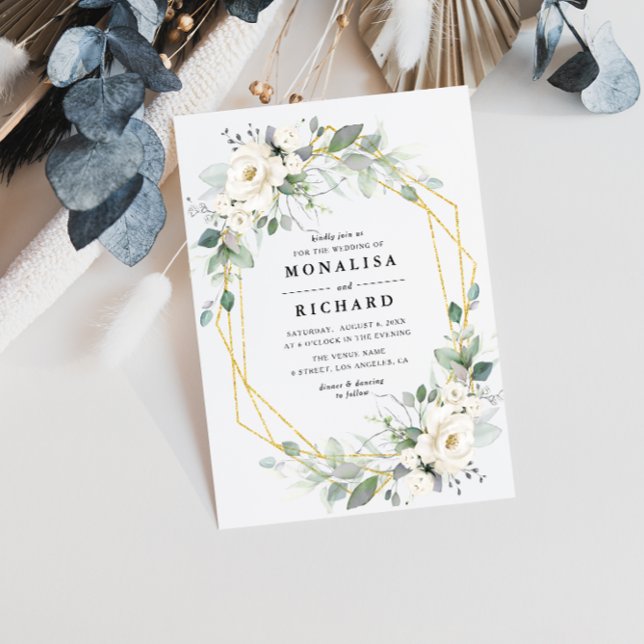 White floral golden frame wedding invitation (Creator Uploaded)