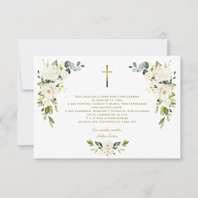 White Floral Gracias Con Oración Bautizo Thank You Card (Front)