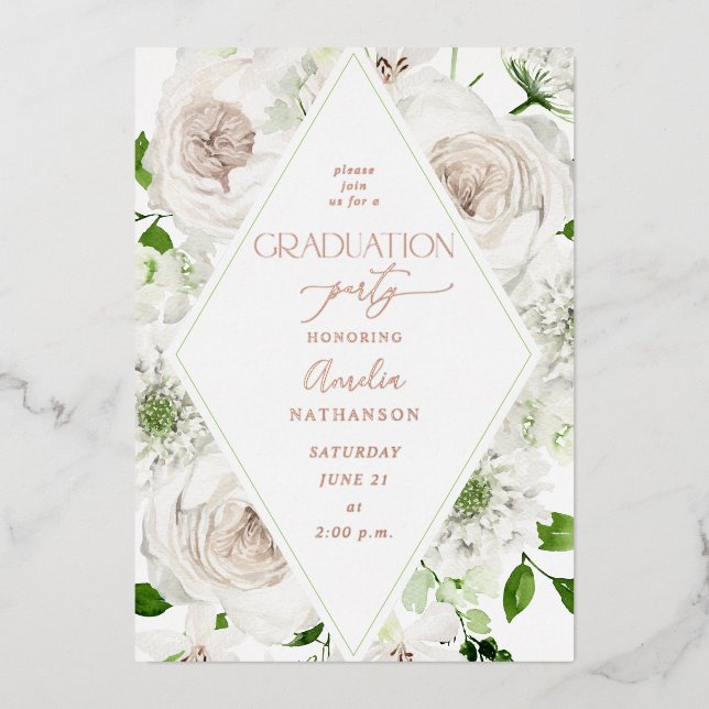 White Floral Graduation Party Foil Invitation (Front)