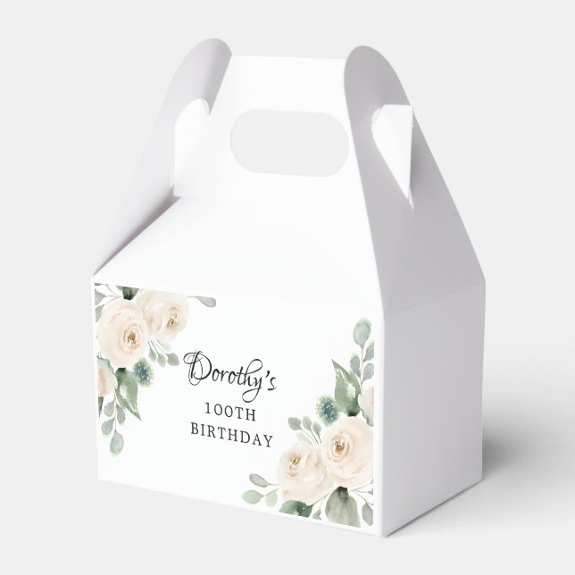 White Floral Green Eucalyptus 100th Birthday  Favour Box (Front Side)