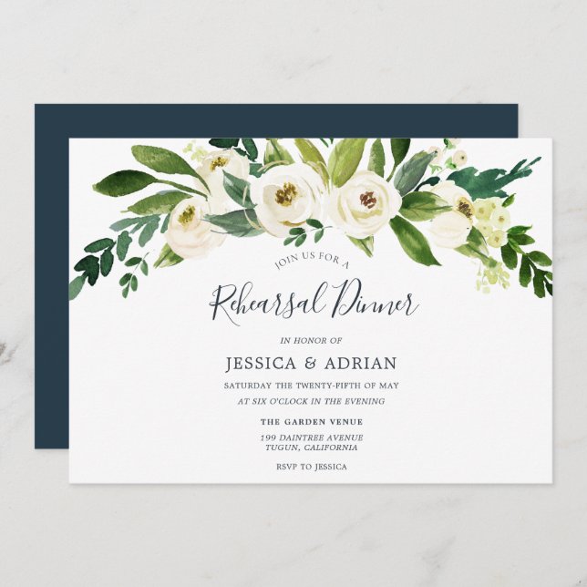 White Floral Green Leaf Rehearsal Dinner Invite (Front/Back)