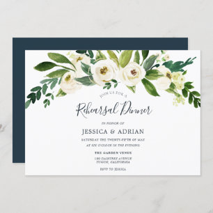 White Floral Green Leaf Rehearsal Dinner Invite
