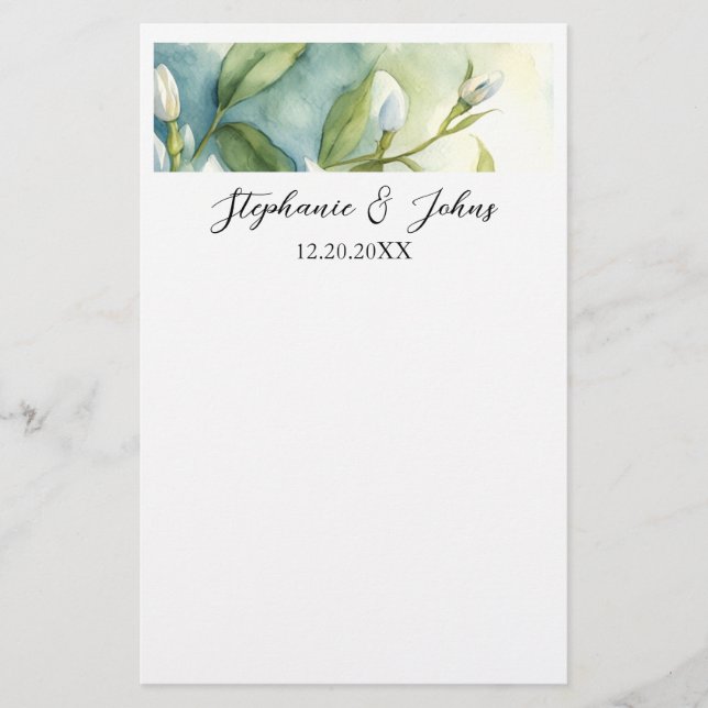 White Floral Green Leaves Elegant Rustic Wedding Stationery (Front)