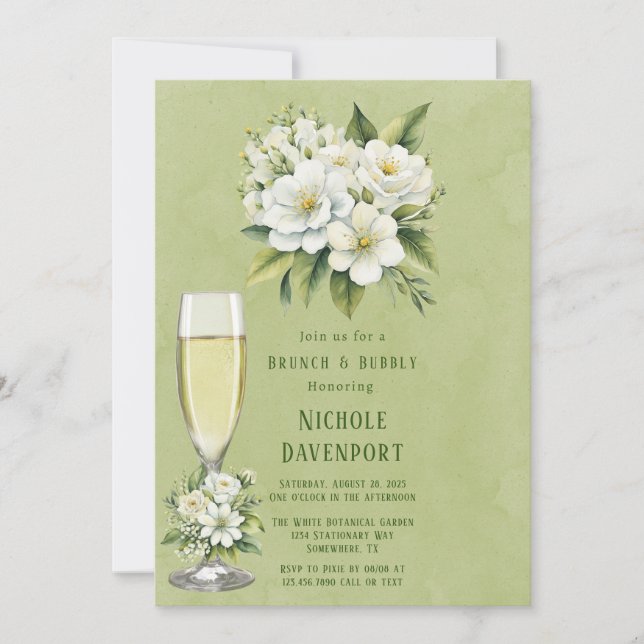 White Floral Green Painted Brunch & Bubbly Invitation (Front)