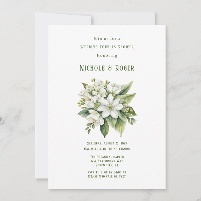 White Floral Green Painted Wedding Couples Shower Invitation (Front)