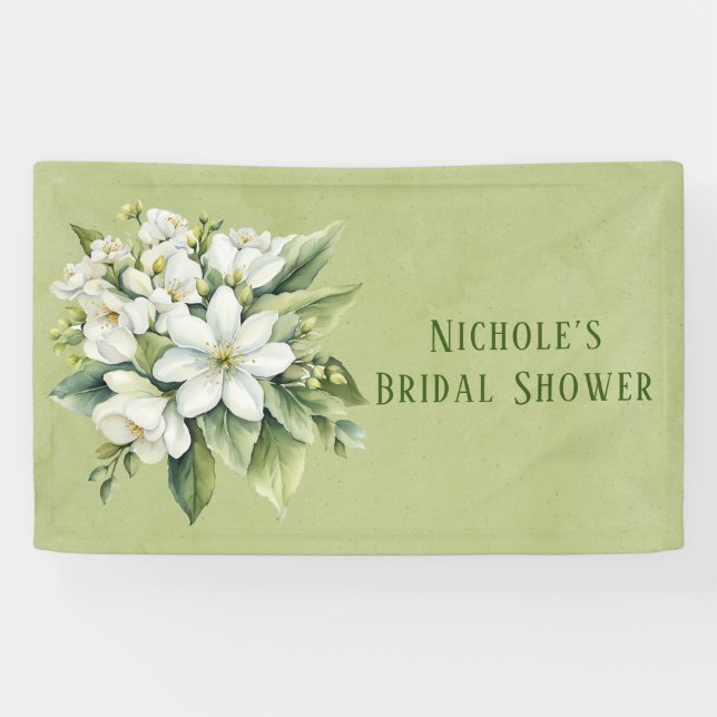 White Floral Green Watercolor Bridal Shower Banner (Horizontal)