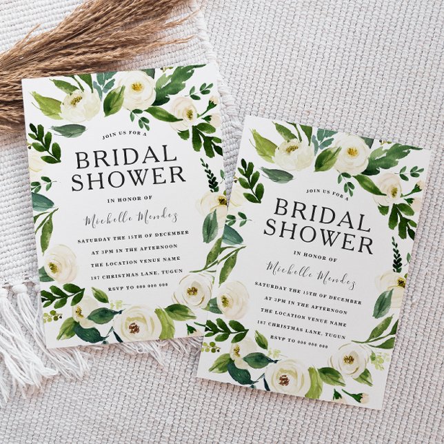 White Floral Green Wreath Modern Bridal Shower Invitation (Creator Uploaded)