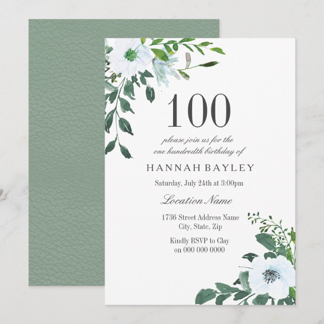 White Floral Greenery 100th Birthday Invitation (Front/Back)